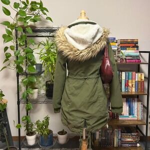 Hollister Heritage Collection Faux Fur Hooded Parka Coat Green Women Medium Y2K